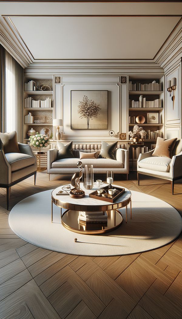 A stylish living room with a cocktail table at the center, surrounded by a sofa and armchairs, decorated with books, a vase with flowers, and a small tray holding a coffee cup.