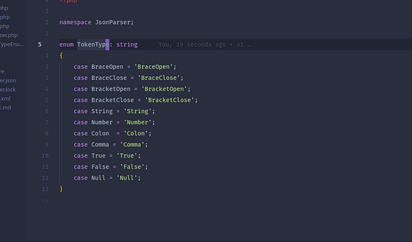 The image displays a code snippet for an enum definition in a JSON parser.