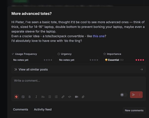 The image displays a task interface discussing a custom backpack design request.