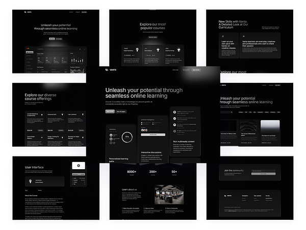 The image showcases a collection of web pages from the Vanta online learning platform, featuring a sleek dark theme.