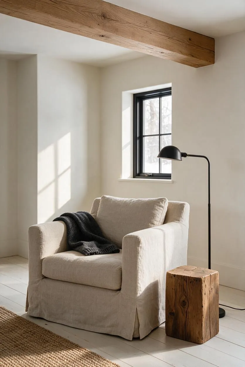 A quiet farmhouse-style corner with a beige slipcovered armchair draped with a dark throw, a black arched floor lamp, and a rustic wood stump side table. White walls and floors, a black-trimmed window, and a thick exposed ceiling beam create a warm, sunlit, minimalist vignette.