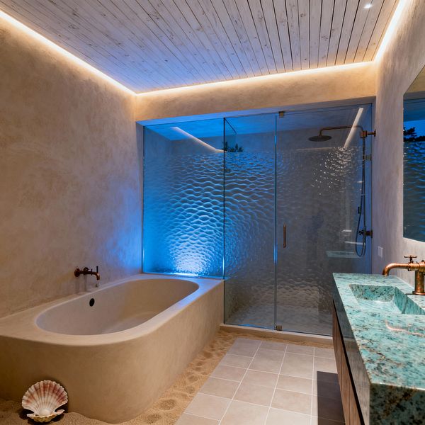 A serene coastal bathroom features a built-in smooth plaster tub next to a walk-in shower enclosed with ripple-textured glass glowing blue. Beige plaster walls and a whitewashed wood ceiling with perimeter LED lighting set a calm mood. On the right, a sea-green stone vanity with wall-mounted copper faucets reflects in a large mirror. Pale tiles form a path across a sand-dressed floor, and a seashell decorates the tub corner.