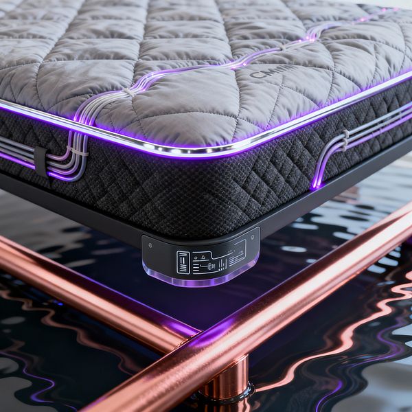 Close-up of a futuristic bed shows a gray quilted mattress with violet LED piping that waves across the surface and wraps the edge. The mattress rests on a slim black base with a small digital control module and polished copper tubular frame above a glossy, water-like surface, while tidy metal conduits manage the cables; the scene glows purple, highlighting high-tech materials and precise detailing.