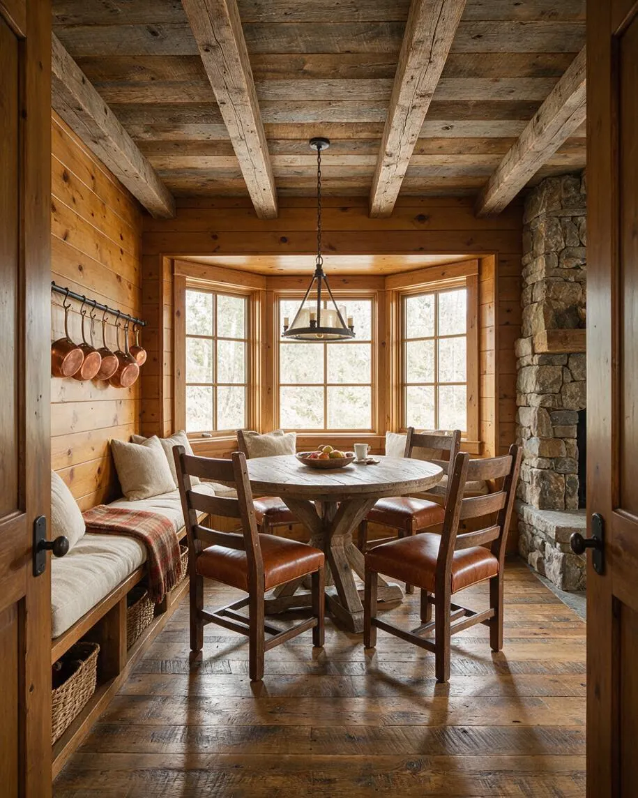 A rustic sunroom with a round wooden dining table and four leather-upholstered chairs centered in front of a bay window. The room features reclaimed wood beams, knotty wood walls, a stone fireplace, a built-in bench with cushions, and hanging copper pans for a warm cabin-like feel.