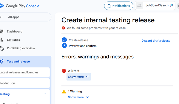 The image displays a screenshot of the Google Play Console interface focused on creating an internal testing release.