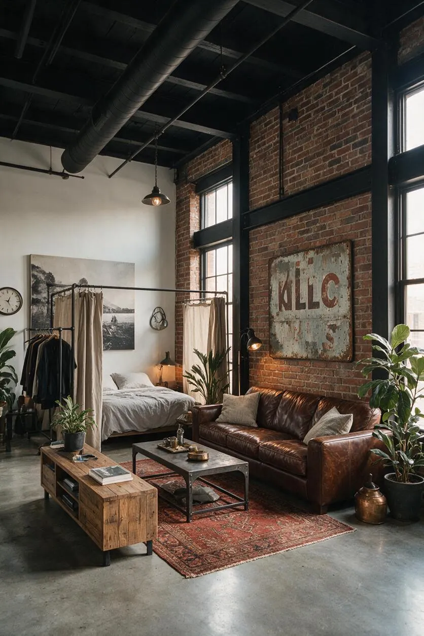 A loft-style studio apartment with exposed red brick walls, black steel framing, tall factory windows, and a dark open ceiling with visible ducts. A brown leather sofa sits beside a rustic wood coffee table, a vintage red rug, a curtained bed nook, and potted plants, creating a warm industrial atmosphere.