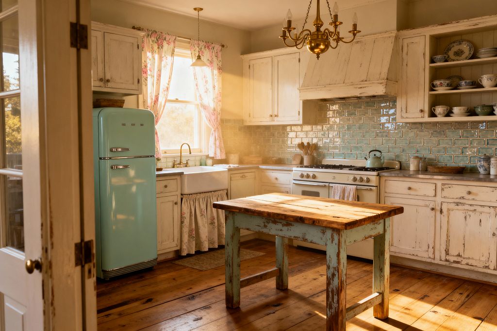 A sunlit shabby chic kitchen with distressed white cabinets, open shelves of mismatched china, and a fireclay farmhouse sink with a floral skirt. A mint retro refrigerator and cream vintage range sit against a seafoam crackle-glazed subway tile backsplash. Wide plank pine floors and a rustic, worn wood table anchor the room, while a brass chandelier and faucet add a soft antique glow.