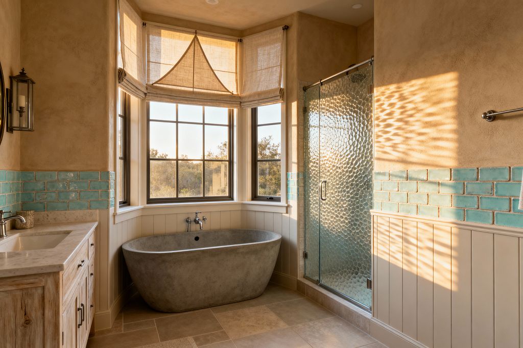 A coastal-style bathroom with a freestanding gray concrete tub set in a bay beneath large divided windows fitted with natural linen Roman shades. Walls feature sand-colored plaster above a belt of sea-glass aqua subway tiles and creamy vertical paneling; to the right, a shower with hammered glass doors casts dappled light, while a weathered wood vanity with a light stone top and chrome faucet sits to the left on taupe porcelain floor tiles.