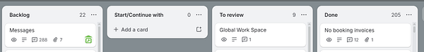 Screenshot of a Trello board titled 'Jomres Plugin Support' with various cards in columns 'Client Questions', 'In Progress', and 'Done'.