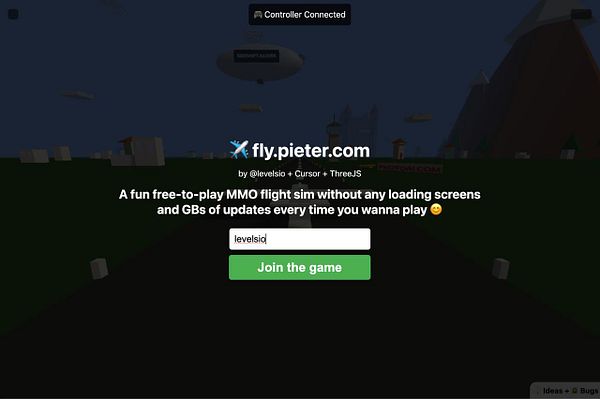 The image displays a game interface for the website fly.pieter.com, featuring a login prompt and a connected controller status.