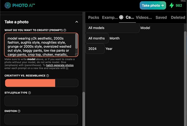 The image displays a user interface for a photo generation tool with various input fields and options.