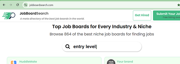 Webpage header and job board search interface on JobBoardSearch.com showing a search for 'entry level' jobs.