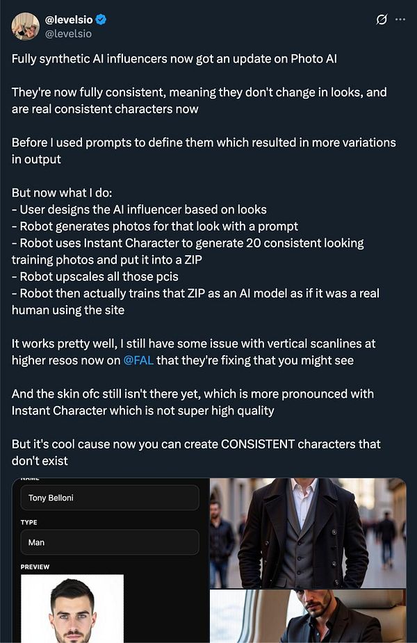 The image features a tweet discussing updates to synthetic AI influencers and includes a preview of an AI-generated character.