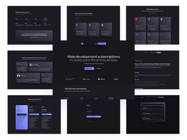 The image displays a multi-section layout of a web development subscription service website.