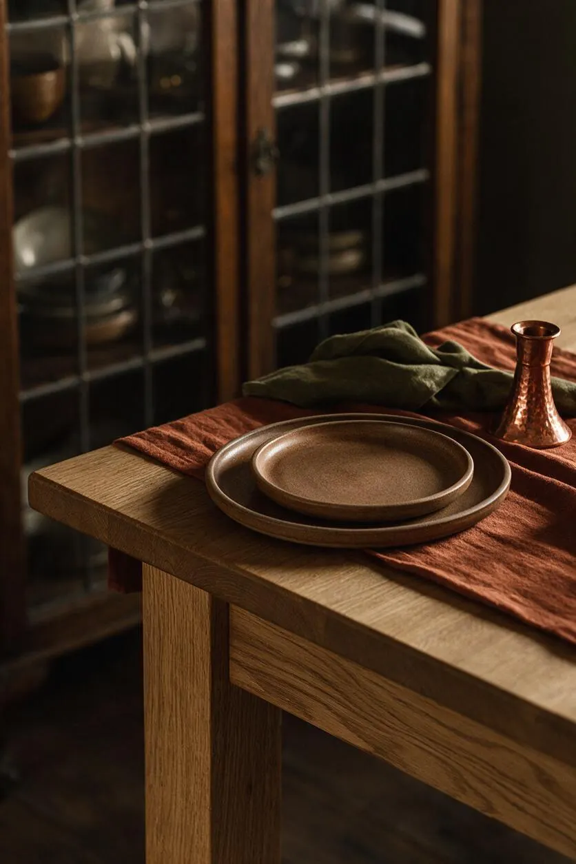 A Craftsman-style dining vignette features a thick oak table with visible wood grain, layered stoneware plates, a rust-colored textile runner, and a folded olive green napkin. A small hammered copper vase sits beside the setting, with a glass-front cabinet of dishes softly blurred in the background.