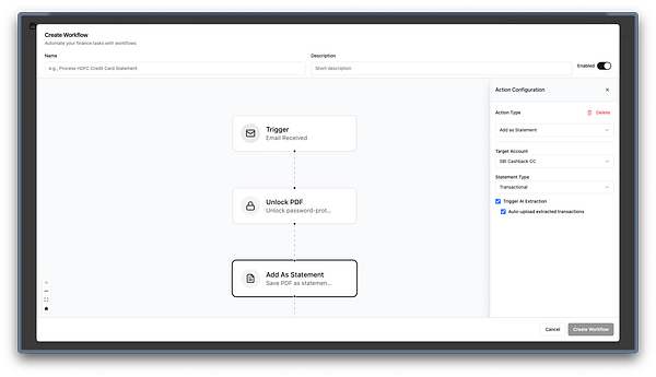 The image displays a workflow interface for processing credit card statements.