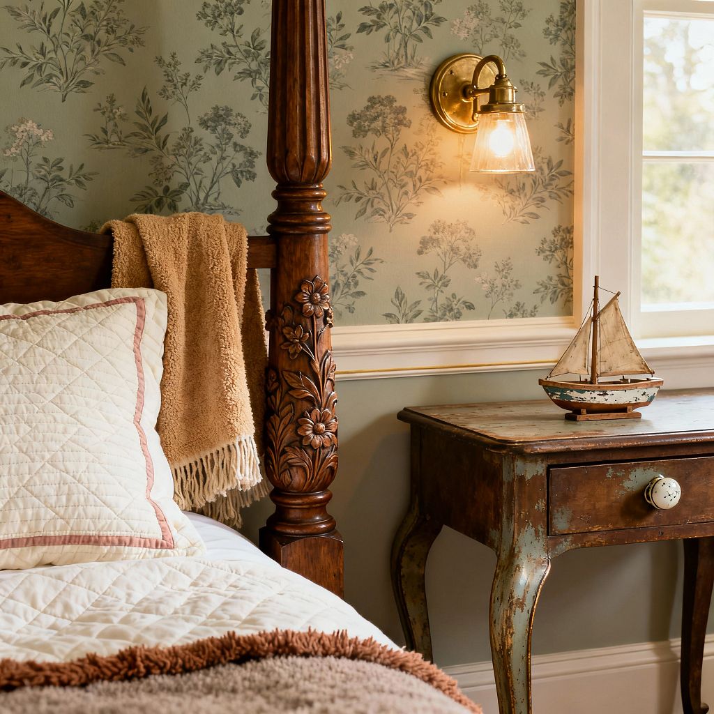 A traditional children’s bedroom corner features a carved dark-wood four-poster bed with cream quilted bedding trimmed in blush, a tan throw draped over the headboard, and a shaggy brown blanket at the foot. Beside a window with white trim sits a distressed blue‑green nightstand holding a small toy sailboat, while a brass wall sconce with a clear glass shade glows against sage green floral wallpaper and a white chair rail.