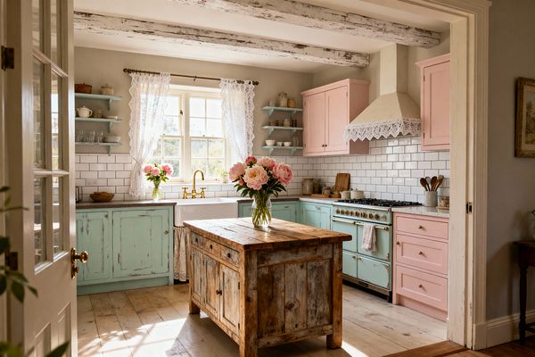 A sunlit shabby chic kitchen features distressed pastel cabinets in mint and blush, a reclaimed wood island centered on weathered pine floors, and a white farmhouse sink under a mullioned window dressed with lace curtains. White ceramic subway tiles, light stone counters, a mint vintage-style range with brass hardware, open mint shelves, whitewashed ceiling beams, and vases of pink peonies create a soft, nostalgic atmosphere.