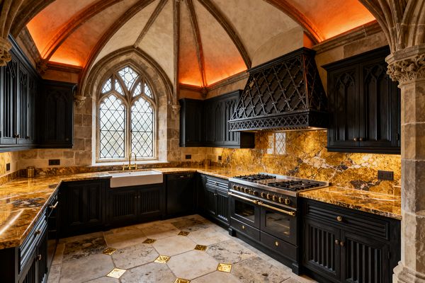 A Gothic-style kitchen with ribbed vaulted ceilings lit by warm amber cove lights, centered on a pointed-arch leaded window. Black, arched-panel cabinetry surrounds a large range beneath a black lattice iron hood, with golden-brown marble countertops and full backsplash, a white farmhouse sink with brass bridge faucet, stone walls and columns, and limestone floors with small brass inlays.