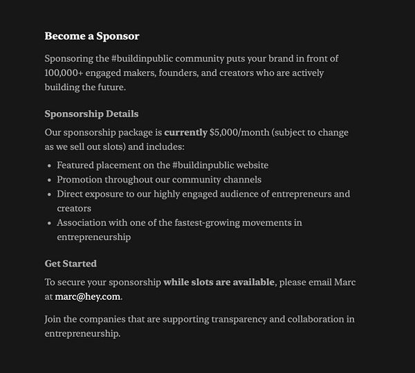 The image presents a sponsorship proposal for the #buildinpublic community.