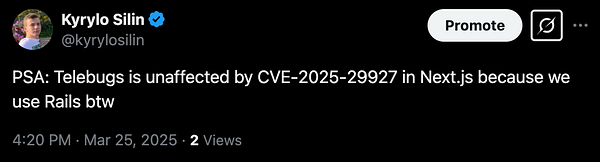 A tweet from Kyrlo Silin addressing a security vulnerability.