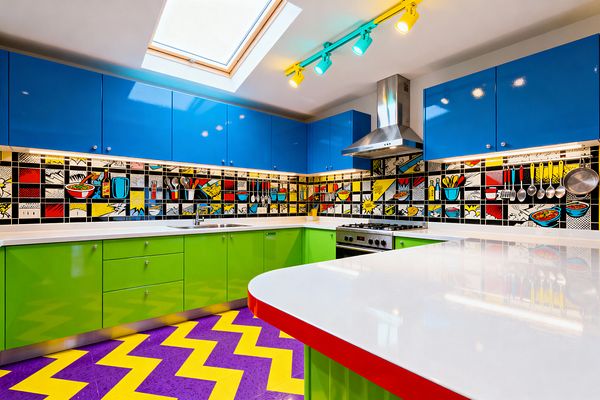 A bright Pop Art kitchen with high-gloss blue upper cabinets and lime-green base cabinets around white solid-surface countertops. A wraparound backsplash of printed ceramic tiles features comic-style panels in red, yellow, blue, and black with halftone dots and bold outlines. The room includes a stainless steel range and hood, a purple floor with yellow zigzag stripes, a skylight, colorful track lighting, and under-cabinet LED illumination.