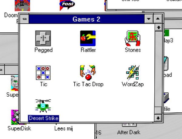 Screenshot of the game Desert Strike showing a helicopter in a desert landscape with interface icons and mission details.