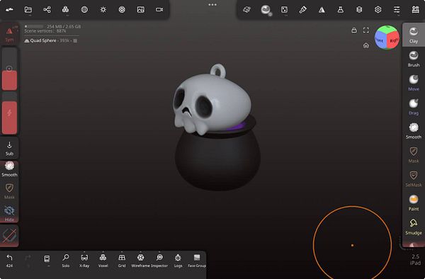 A 3D modeling interface displays a skull design intended for a keychain prototype.