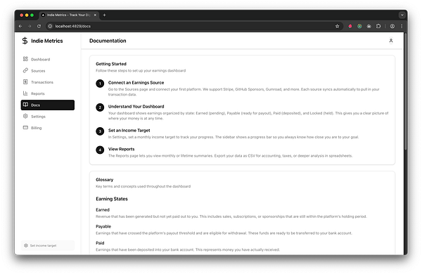 Screenshot showing the documentation page for 'Indie Metrics' with navigation menu and a glossary section on the right.