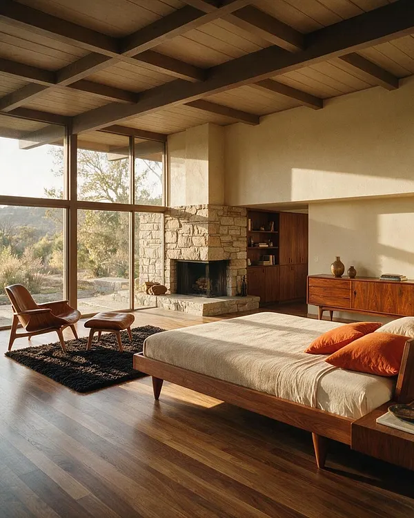 A spacious mid-century modern master bedroom with a low wooden platform bed dressed in light bedding and orange accent pillows. The room features floor-to-ceiling windows, a stone fireplace, exposed dark ceiling beams, a walnut dresser, and a leather lounge chair with ottoman on a black rug.