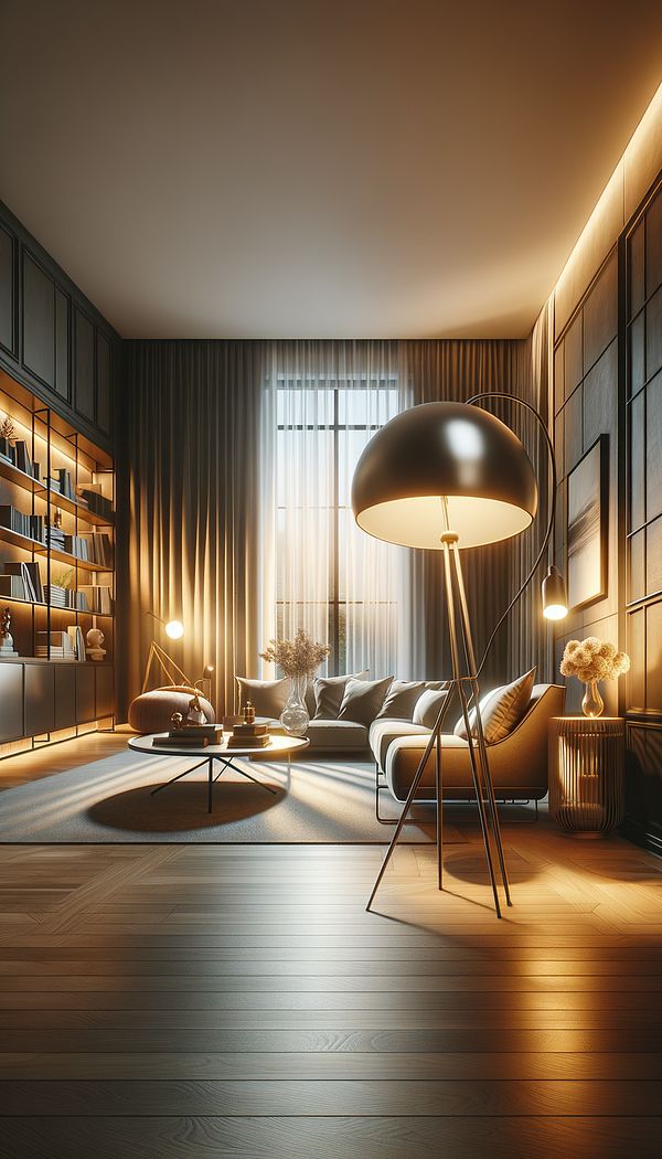 An elegant living room featuring a modern, metallic tripod lamp casting a warm glow over a cozy reading nook.