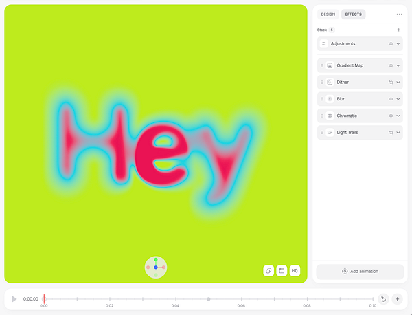 Graphic design canvas showing the word 'Hey' with visual effects applied in a design software interface.