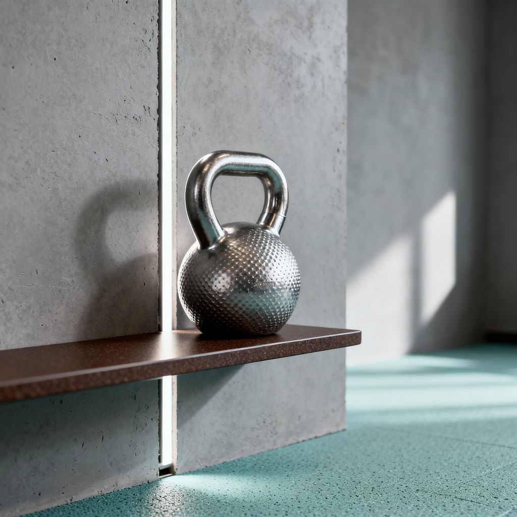 Close-up of a minimalist home gym corner shows a polished stainless steel kettlebell with a dimpled texture resting on a thin, dark brown floating shelf mounted to concrete wall panels. A narrow vertical recessed LED slot separates the panels, while daylight from the right casts geometric shadows across the gray surface. The floor is teal rubber with a fine grain, emphasizing traction and contrast in an uncluttered, modern space.