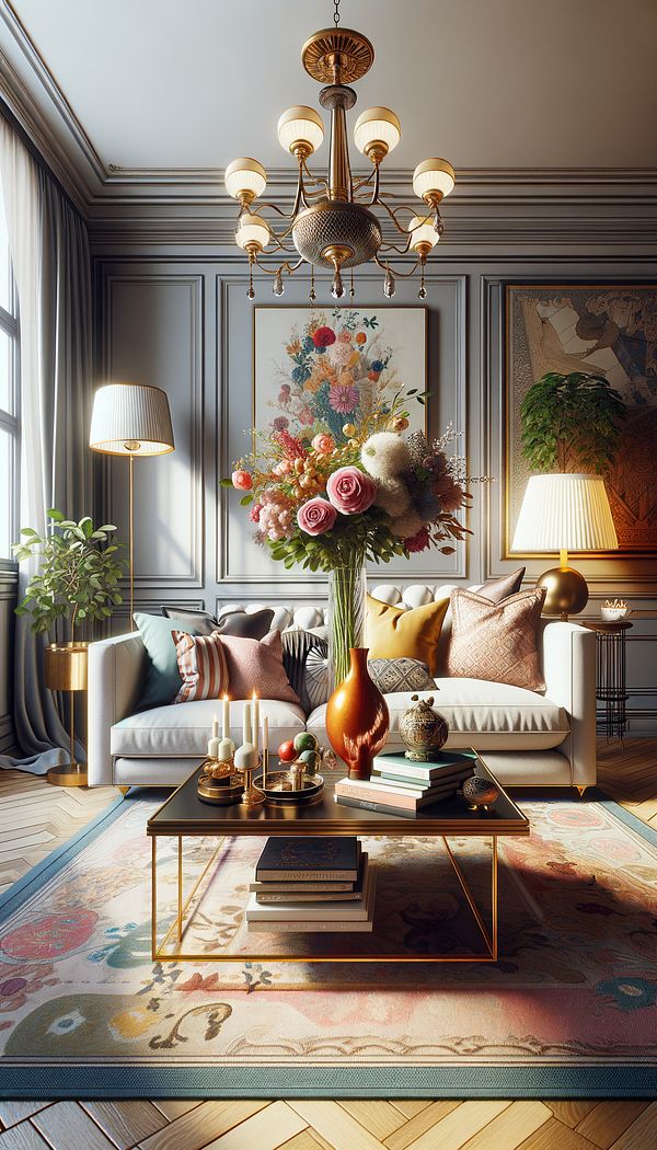 A cozy living room with a variety of accessories including throw pillows on a sofa, a stylish floor lamp, and a coffee table adorned with a vase of flowers, books, and decorative objects.