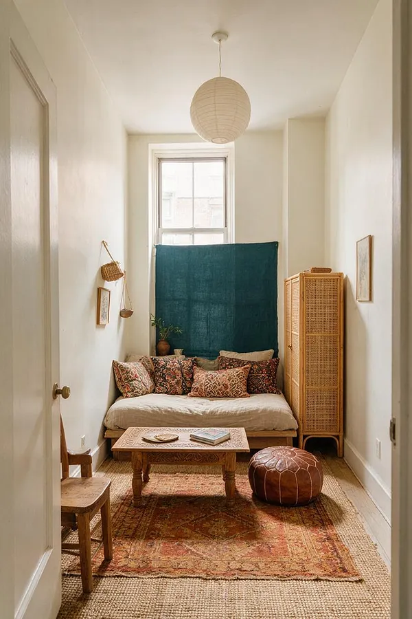 A narrow studio apartment styled in bohemian decor, featuring a low daybed with patterned cushions, a wooden coffee table, a leather pouf, and a woven rattan cabinet. A teal fabric hangs over the window for privacy, while a paper lantern light and layered rugs add warmth and texture.
