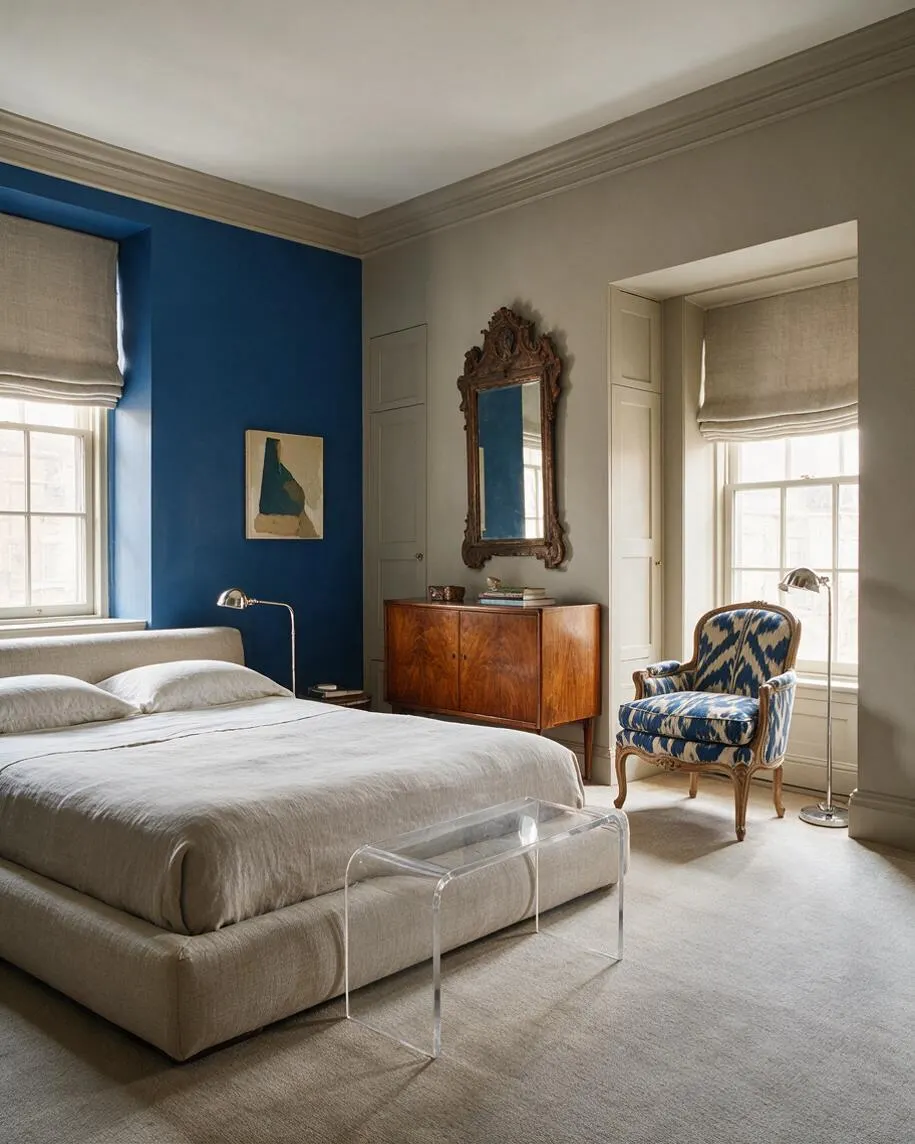 A refined eclectic bedroom with a low upholstered bed in soft beige linen, a bright blue accent wall, and a vintage carved wood mirror above a midcentury-style cabinet. A patterned blue-and-cream armchair sits by the window beside a chrome floor lamp, while neutral Roman shades and a clear acrylic bench add contrast.