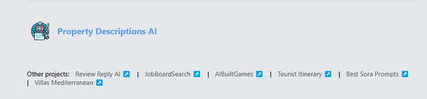 The image displays a project management interface for 'Property Descriptions AI' with links to other related projects.