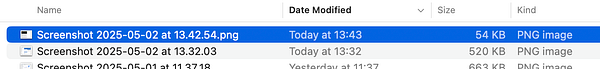 A file management interface displaying a list of screenshots with their details.