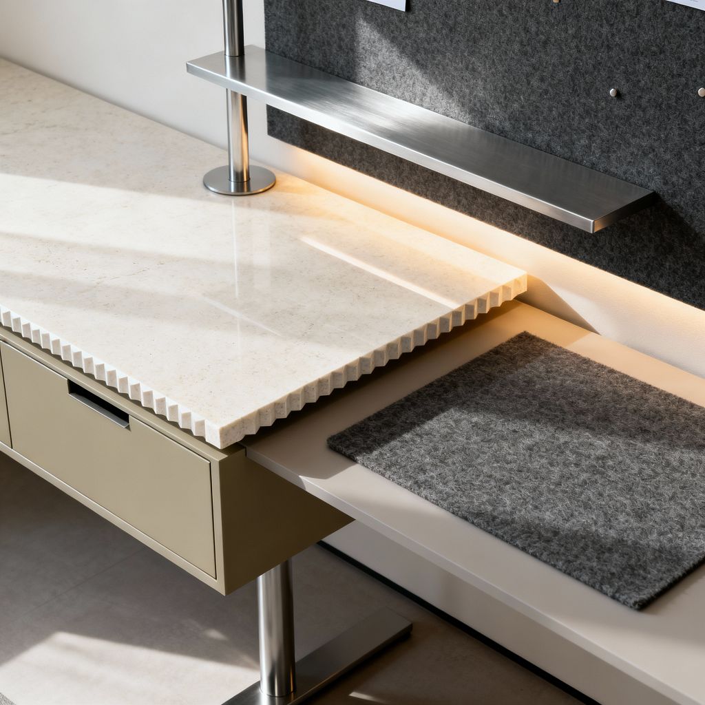A contemporary home office vignette shows a layered workstation with a creamy limestone desktop featuring a ribbed edge above a matte ivory secondary surface holding a gray felt desk pad. A khaki drawer module and chromed round leg support the desk, while a charcoal wool-felt pinboard with a slim brushed stainless-steel shelf and warm under-shelf LED lighting completes the setup, with soft daylight casting gentle shadows across the stone.