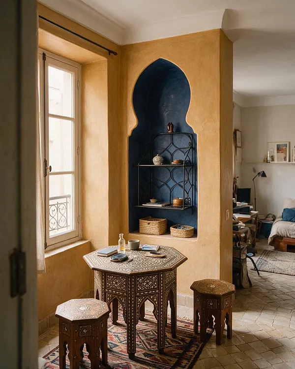 A cozy studio apartment corner styled in Moroccan design, featuring ochre plaster walls, a deep blue arched niche with metal shelving, and a carved octagonal table surrounded by matching stools. A tall window brings in soft daylight, while patterned rugs, woven baskets, and layered textures add warmth and character.