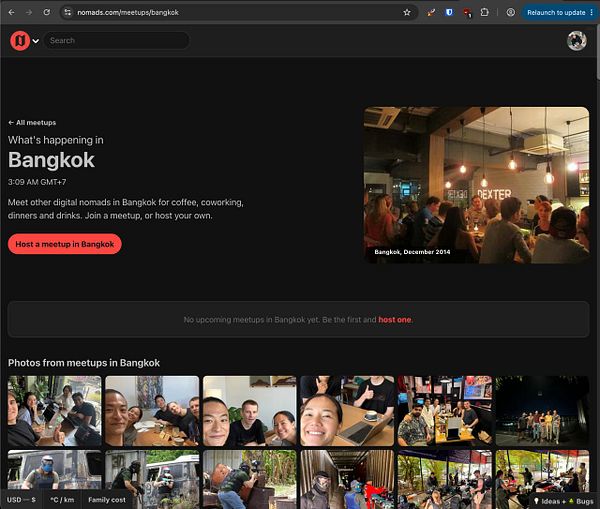 A meetup page on nomads.com showing the Bangkok meetups with photos from past gatherings.
