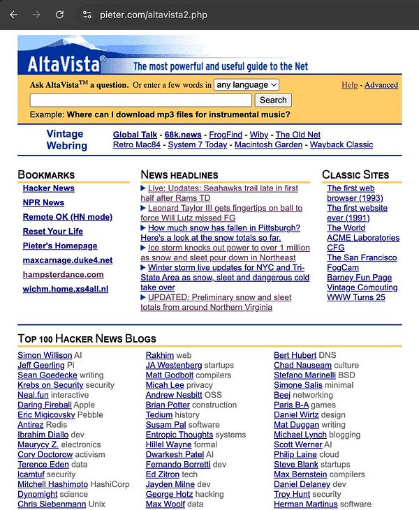 Screenshot of the historic AltaVista search engine homepage with a clean white background and blue and yellow logo, featuring a central search box and navigation links above it.