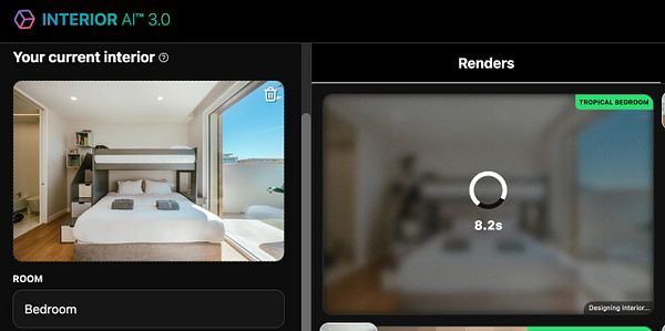 The image displays a user interface for an interior design application showcasing a current interior and a rendering process.