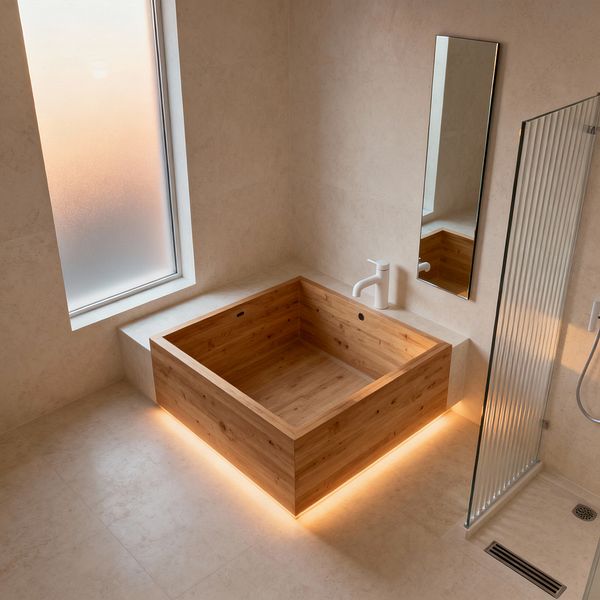 A minimalist bathroom features a square, deep wood soaking tub set into a pale stone-look floor, its base illuminated by warm LED lighting. Large beige tiles clad the walls, a tall frosted window softens daylight, and a narrow frameless mirror hangs above a matte white tub filler; to the right, a walk-in shower with a fluted glass screen and linear drain completes the calm, uncluttered space in warm neutral tones.