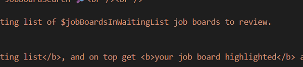The image displays a code snippet related to a job board onboarding email sequence.