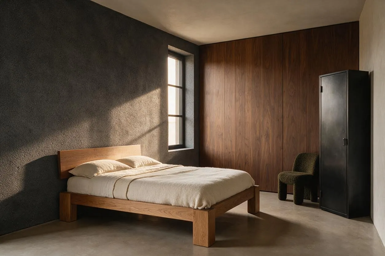 A minimalist master bedroom with a low oak platform bed, cream bedding, and textured dark gray walls. A tall wood-paneled accent wall, small window with soft daylight, black cabinet, and sculptural moss-green chair create a stark, grounded brutalist look.
