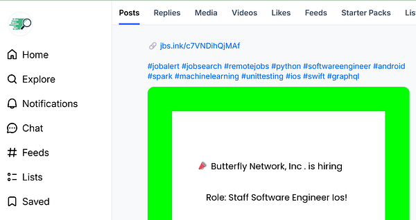 BlueSky social media platform user profile page displaying a post, user interface elements, and an error message related to job board search.