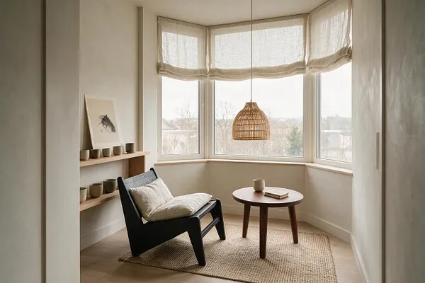 A bright sunroom with a bay window dressed in soft linen Roman shades, a woven rattan pendant light, and a minimalist black lounge chair with a cream cushion. A small round wooden table sits on a textured natural rug, while simple wood shelves display ceramic cups and artwork on the left wall.