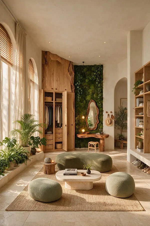 A serene biophilic closet with tall wooden wardrobes, an organic live-edge vanity, and a moss wall with a sculptural mirror. Large arched windows with sheer curtains bring in soft daylight, while plants, woven textures, and rounded poufs create a calm natural atmosphere.