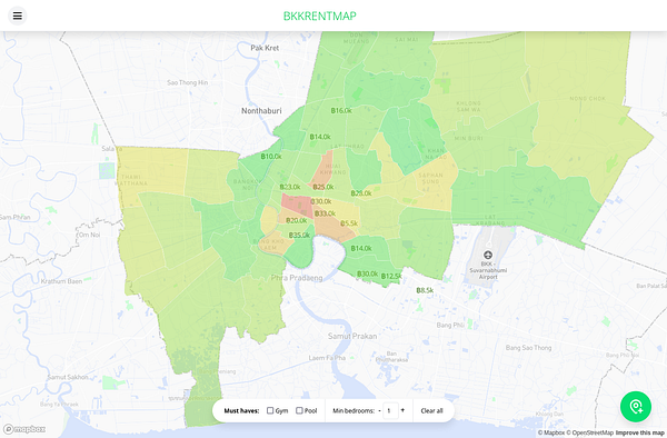 A detailed rental price map of Bangkok, highlighting various districts with color-coded pricing.